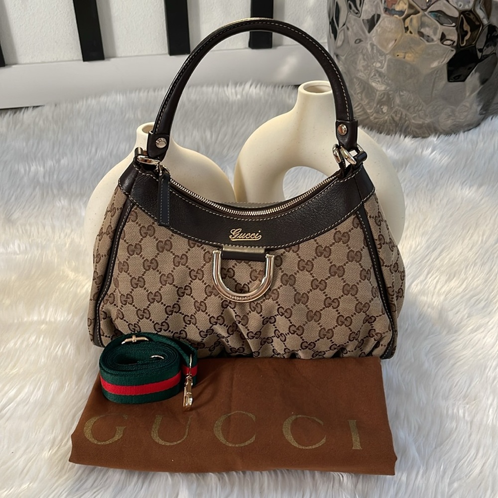 Vintage GUCCI Beige/Ebony GG Canvas Large D-Ring Hobo Bag